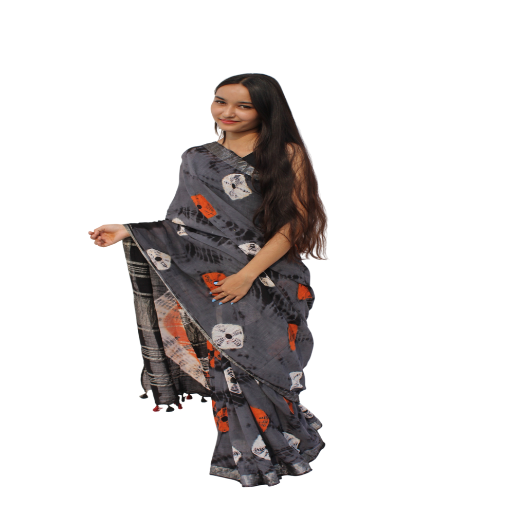 Vibrant Tie-Dye Linen Cotton Saree - Ideal for Festive & Casual Wear, Comfortable & Durable Fabric, Unique Design, 5.5 Meters Long and 42 Inches Wide