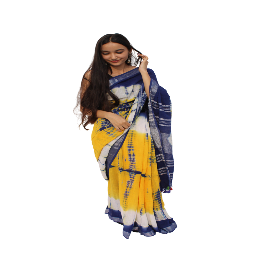 Vibrant Tie-Dye Linen Cotton Saree - Ideal for Festive & Casual Wear, Comfortable & Durable Fabric, Unique Design, 5.5 Meters Long and 42 Inches Wide