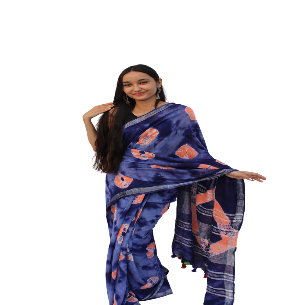 Vibrant Tie-Dye Linen Cotton Saree - Ideal for Festive & Casual Wear, Comfortable & Durable Fabric, Unique Design, 5.5 Meters Long and 42 Inches Wide