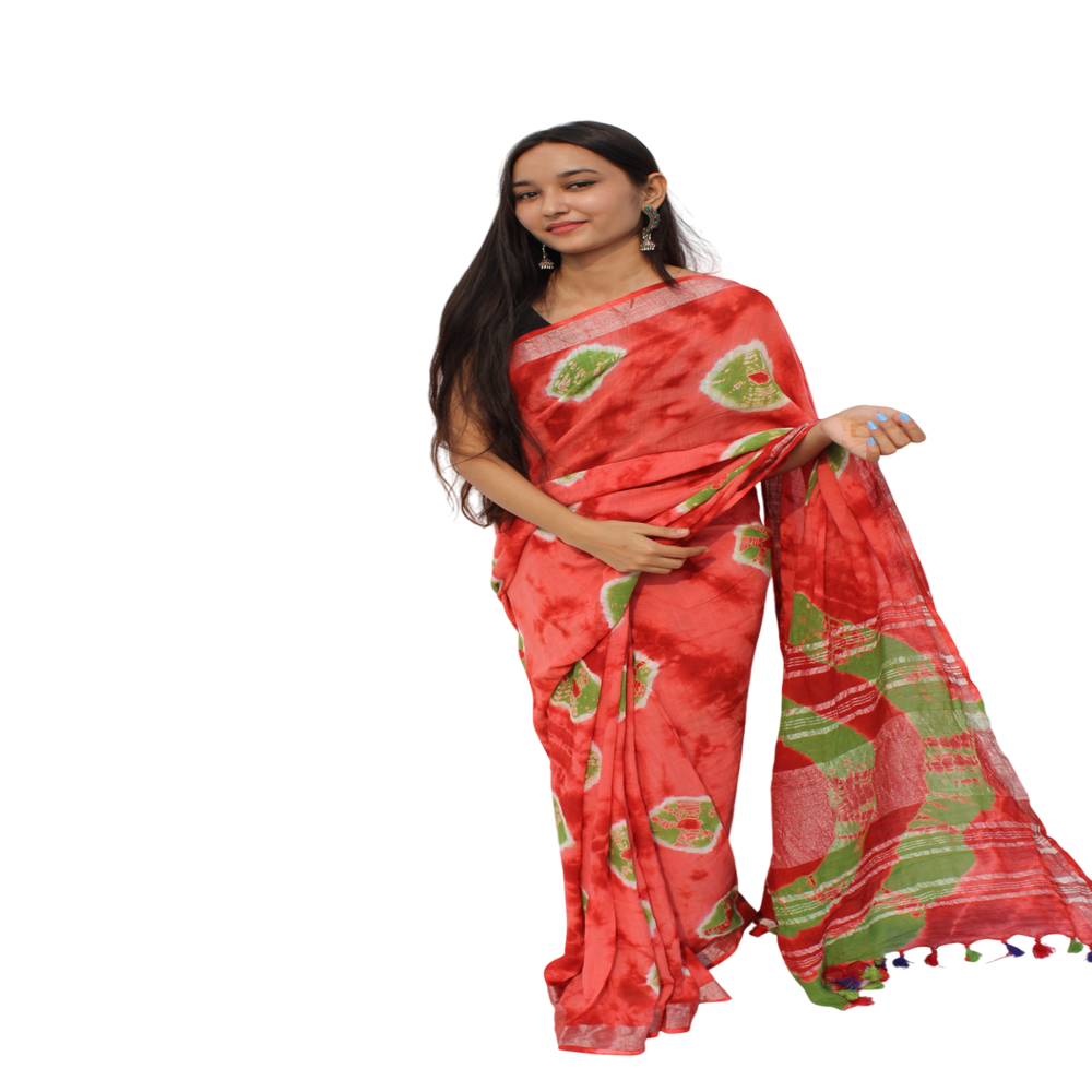 Vibrant Tie-Dye Linen Cotton Saree - Ideal for Festive & Casual Wear, Comfortable & Durable Fabric, Unique Design, 5.5 Meters Long and 42 Inches Wide