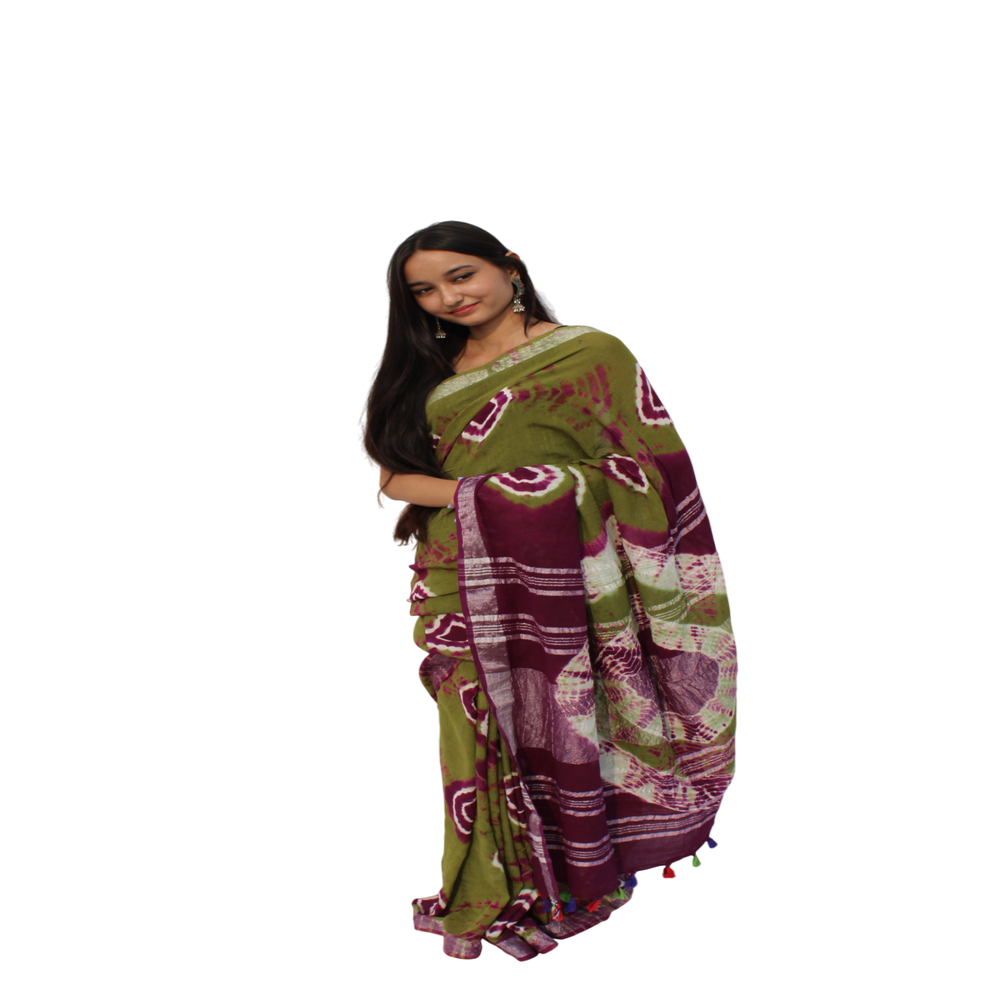 Vibrant Tie-Dye Linen Cotton Saree - Ideal for Festive & Casual Wear, Comfortable & Durable Fabric, Unique Design, 5.5 Meters Long and 42 Inches Wide