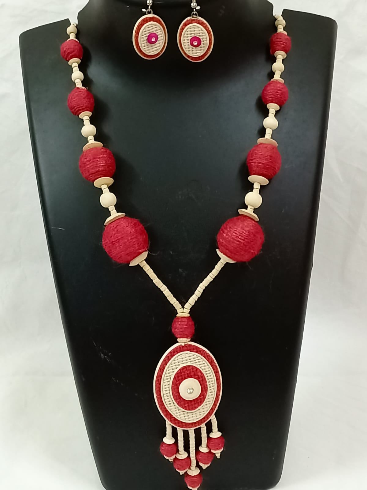 Handmade Jute Long Necklace - Bohemian Red Elegance