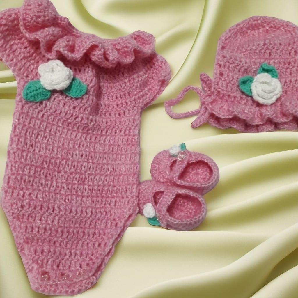 Handmade Crochet Baby Girl Thalposh Set - Pink Onesie, Hat & Booties