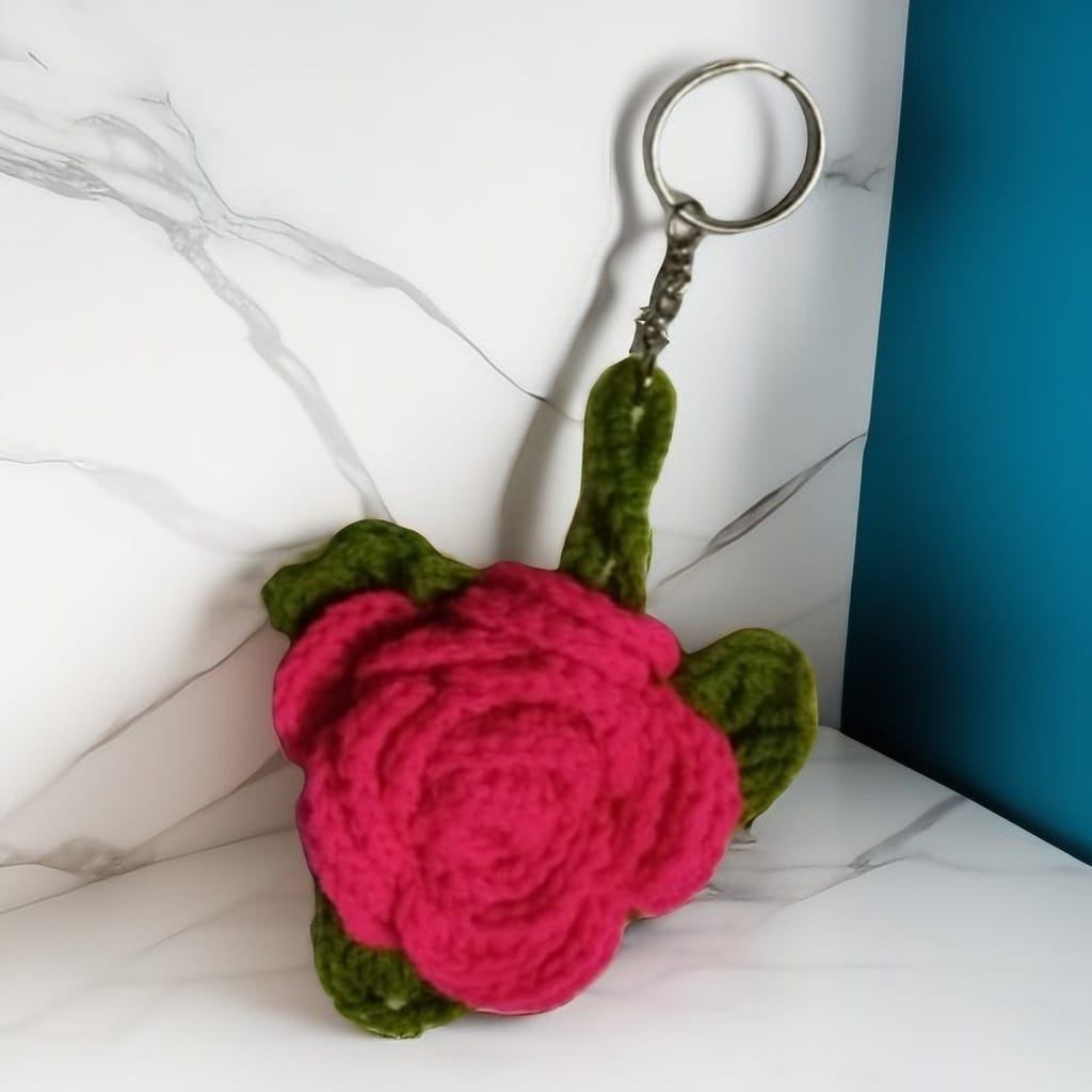 Handmade Crochet Rose Flower Keychain - Cute Floral Accessory