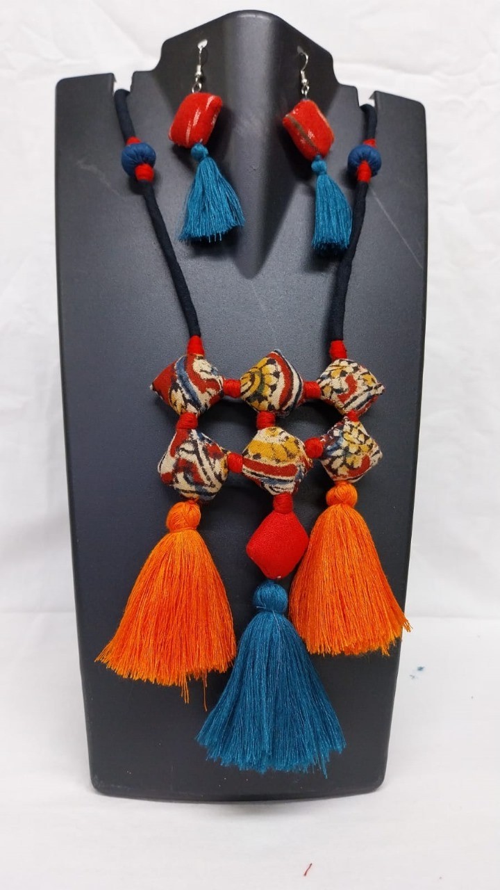 7 Square Colorful Bohemian Tassel Necklace with Matching Earrings