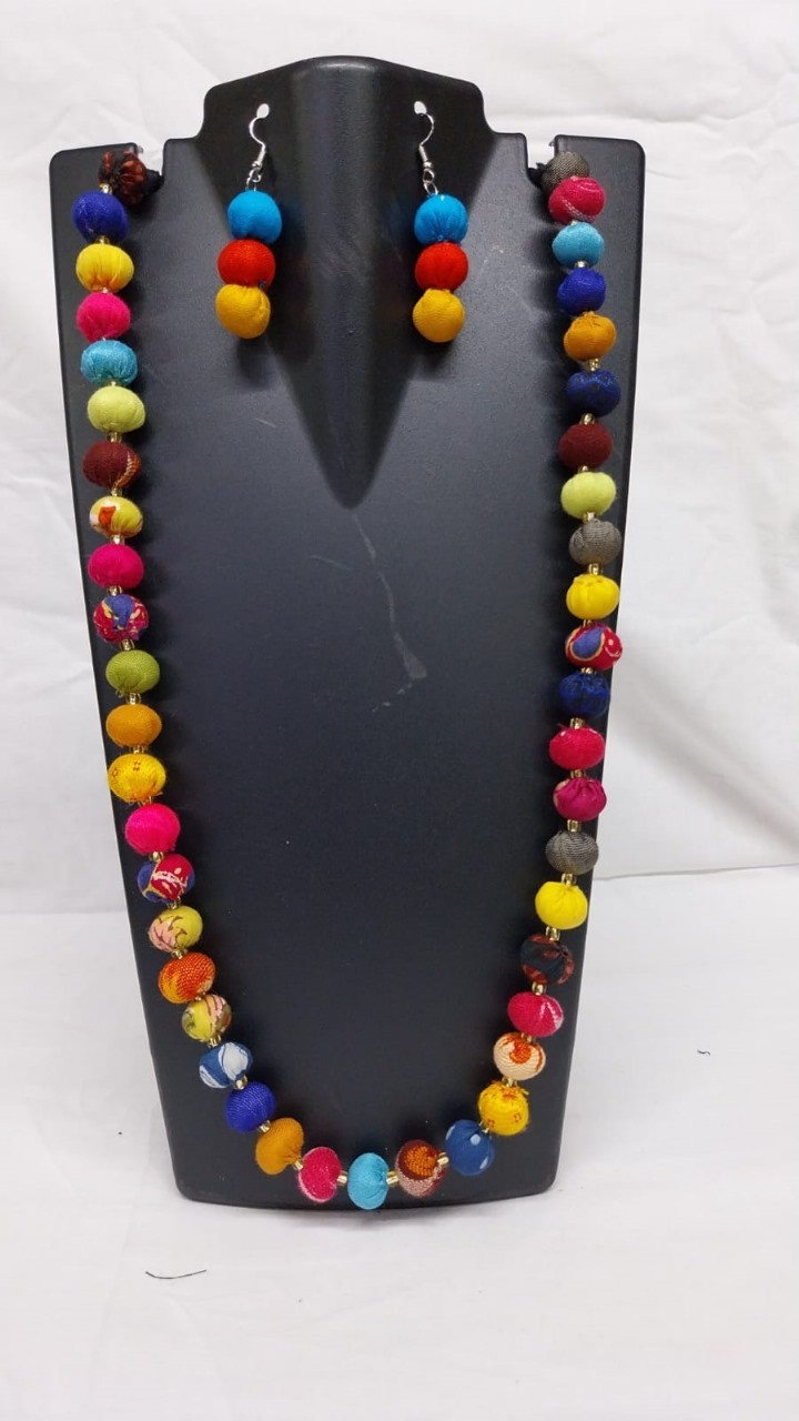 Vibrant Bohemian Fabric Bead Necklace with Matching Earrings