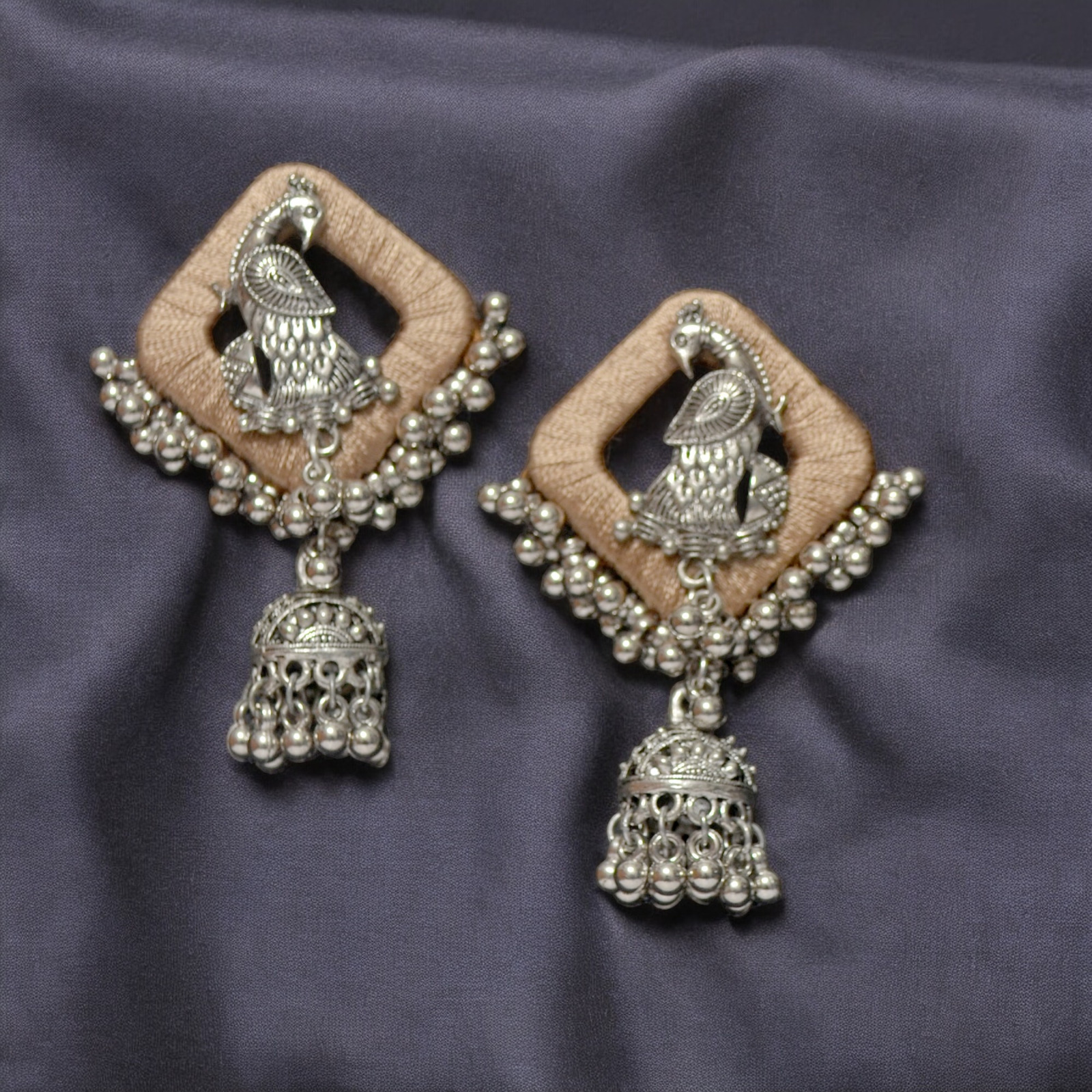 AANYAAS Trendy Silk Oxidised Peacock Jhumka Earrings with Purple Silk Base, Silver Motifs, and Decorative Beads, Perfect for Fashion Enthusiasts and Special Occasions