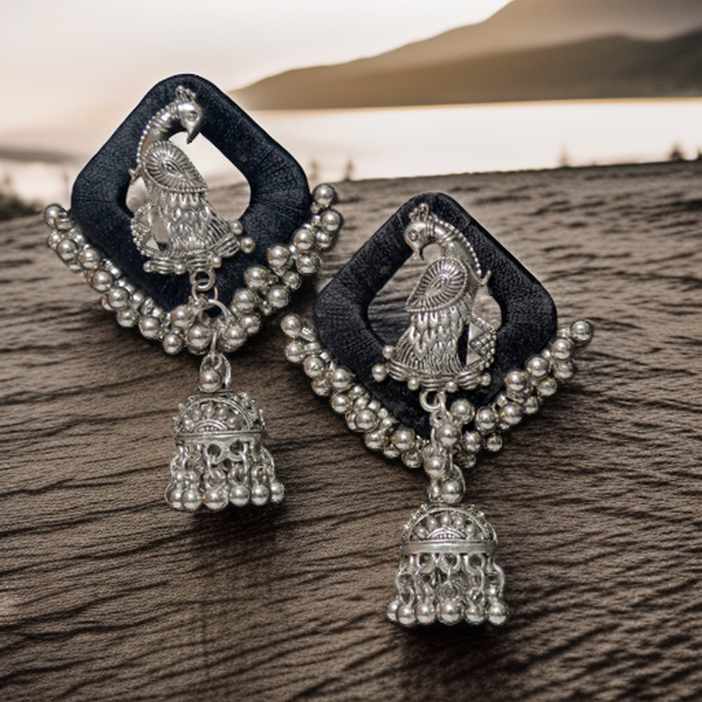 AANYAAS Trendy Silk Oxidised Peacock Jhumka Earrings with Purple Silk Base, Silver Motifs, and Decorative Beads, Perfect for Fashion Enthusiasts and Special Occasions