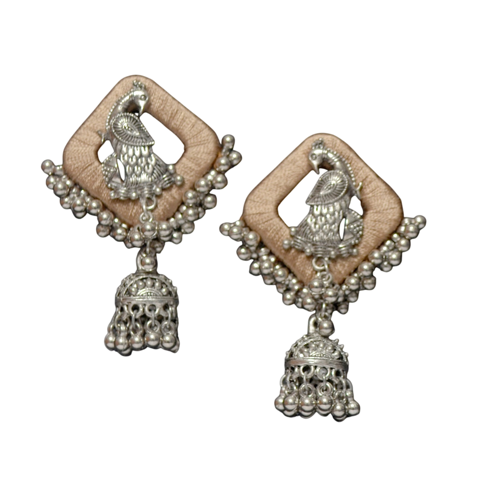AANYAAS Trendy Silk Oxidised Peacock Jhumka Earrings with Purple Silk Base, Silver Motifs, and Decorative Beads, Perfect for Fashion Enthusiasts and Special Occasions