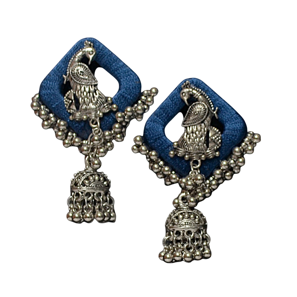 AANYAAS Trendy Silk Oxidised Peacock Jhumka Earrings with Purple Silk Base, Silver Motifs, and Decorative Beads, Perfect for Fashion Enthusiasts and Special Occasions