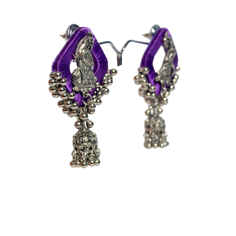 AANYAAS Trendy Silk Oxidised Peacock Jhumka Earrings with Purple Silk Base, Silver Motifs, and Decorative Beads, Perfect for Fashion Enthusiasts and Special Occasions