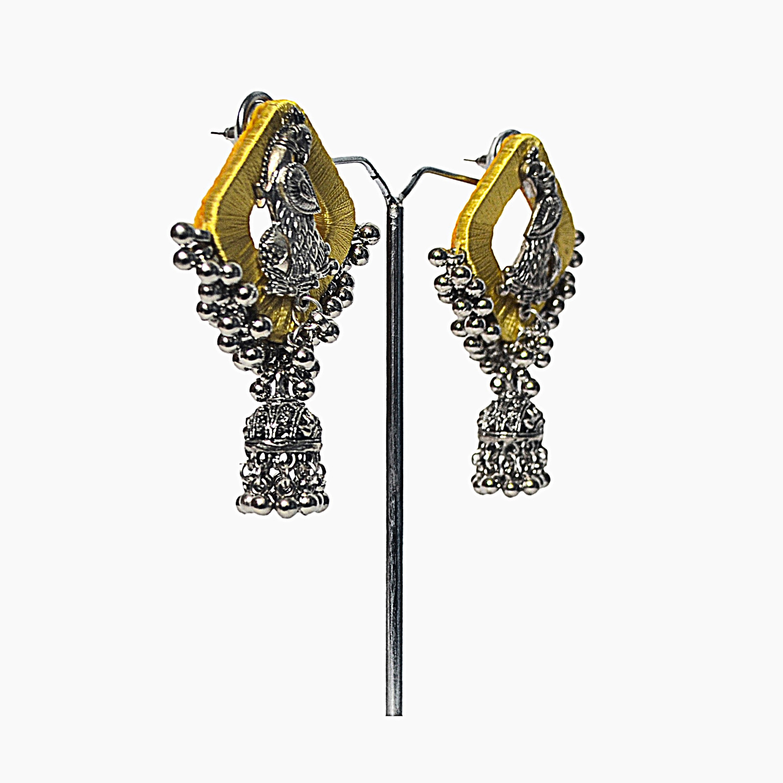 AANYAAS Trendy Silk Oxidised Peacock Jhumka Earrings with Purple Silk Base, Silver Motifs, and Decorative Beads, Perfect for Fashion Enthusiasts and Special Occasions