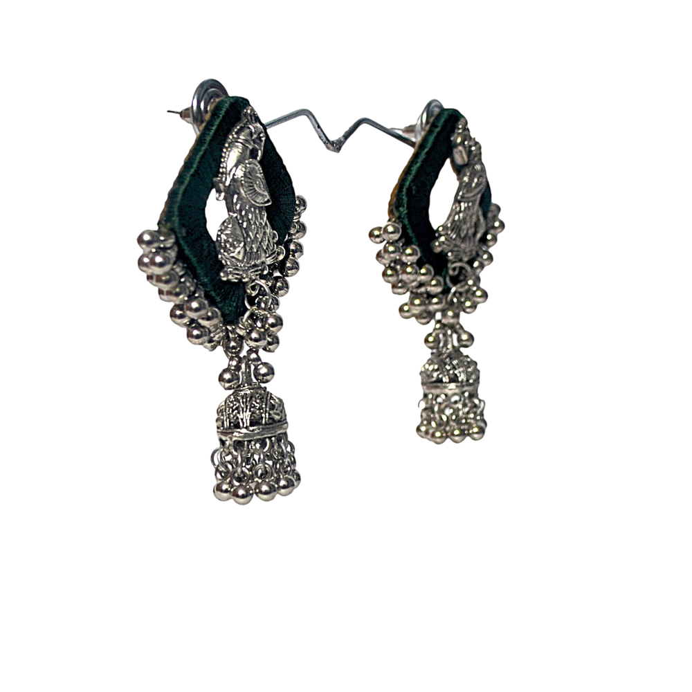 AANYAAS Trendy Silk Oxidised Peacock Jhumka Earrings with Purple Silk Base, Silver Motifs, and Decorative Beads, Perfect for Fashion Enthusiasts and Special Occasions