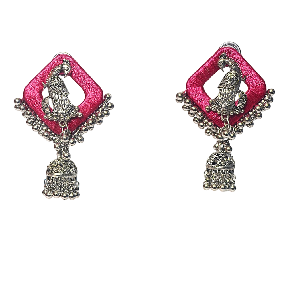 AANYAAS Trendy Silk Oxidised Peacock Jhumka Earrings with Purple Silk Base, Silver Motifs, and Decorative Beads, Perfect for Fashion Enthusiasts and Special Occasions