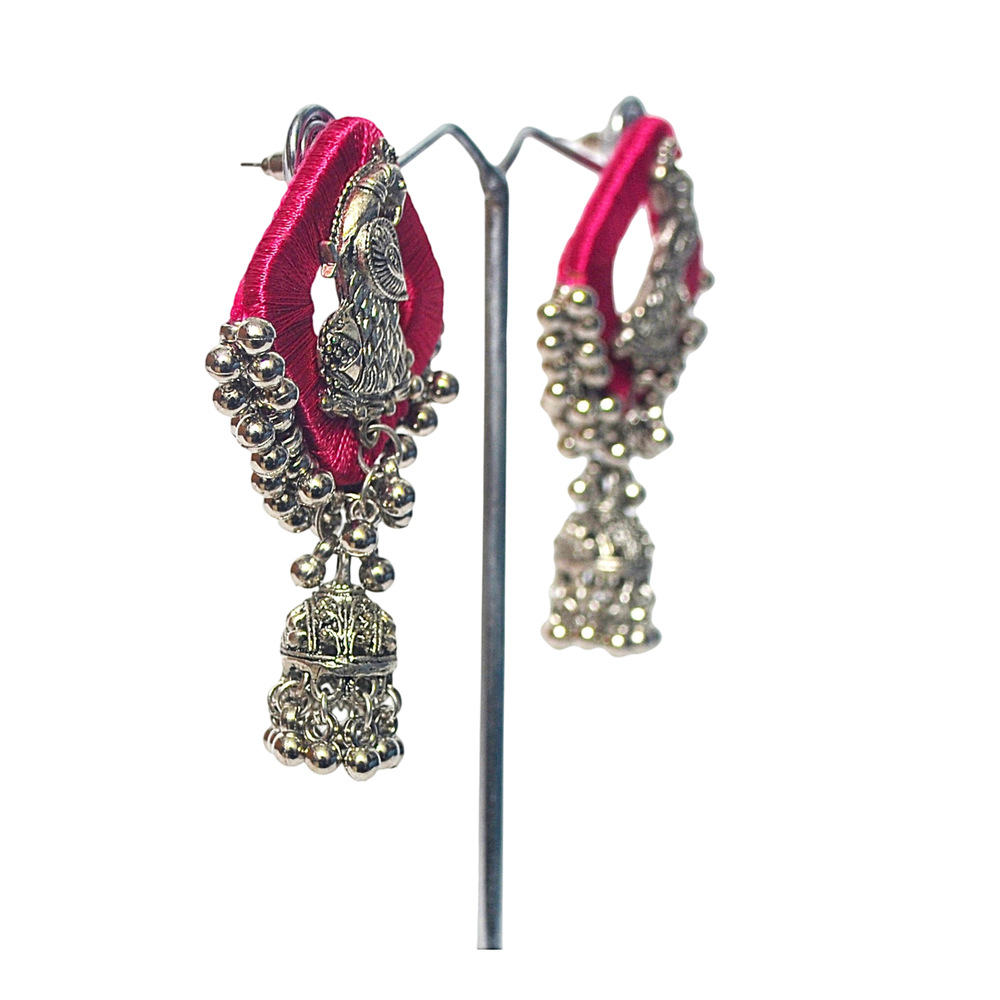 AANYAAS Trendy Silk Oxidised Peacock Jhumka Earrings with Purple Silk Base, Silver Motifs, and Decorative Beads, Perfect for Fashion Enthusiasts and Special Occasions