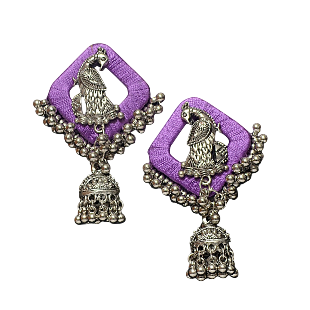 AANYAAS Trendy Silk Oxidised Peacock Jhumka Earrings with Purple Silk Base, Silver Motifs, and Decorative Beads, Perfect for Fashion Enthusiasts and Special Occasions