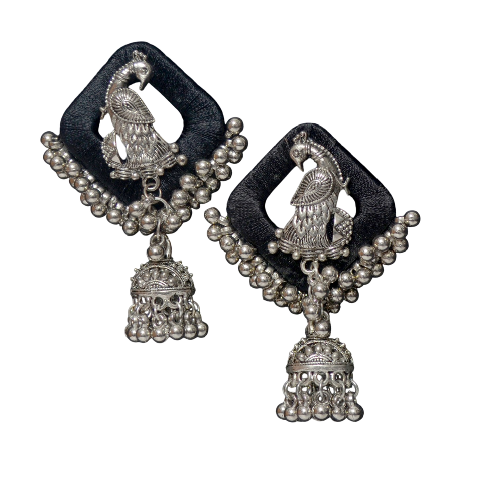 AANYAAS Trendy Silk Oxidised Peacock Jhumka Earrings with Purple Silk Base, Silver Motifs, and Decorative Beads, Perfect for Fashion Enthusiasts and Special Occasions