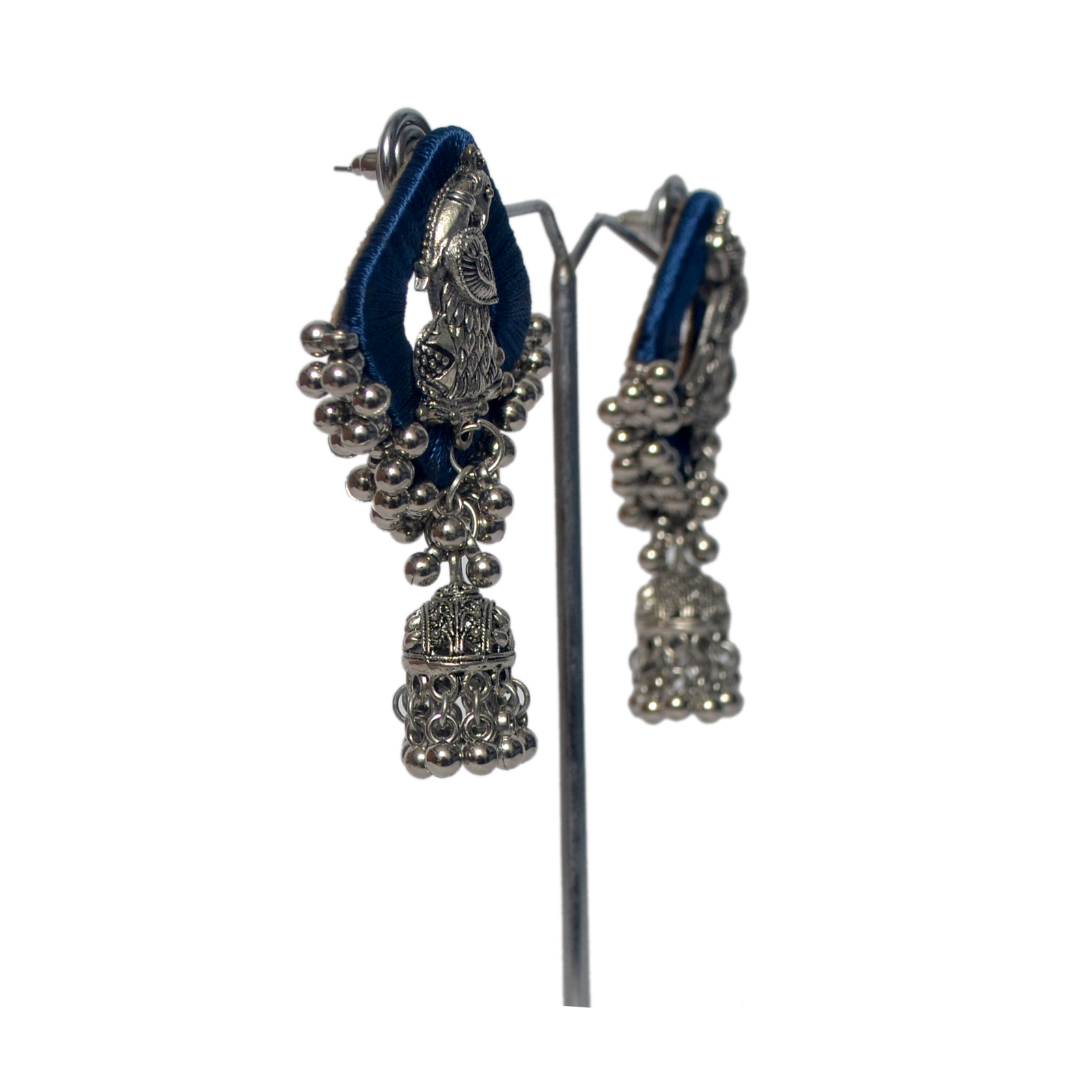 AANYAAS Trendy Silk Oxidised Peacock Jhumka Earrings with Purple Silk Base, Silver Motifs, and Decorative Beads, Perfect for Fashion Enthusiasts and Special Occasions